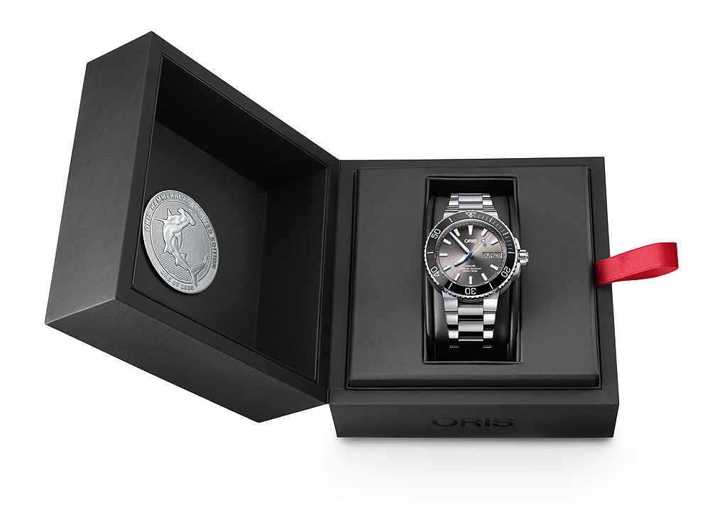 The watch is presented in a special box with a hammerhead shark insignia.
