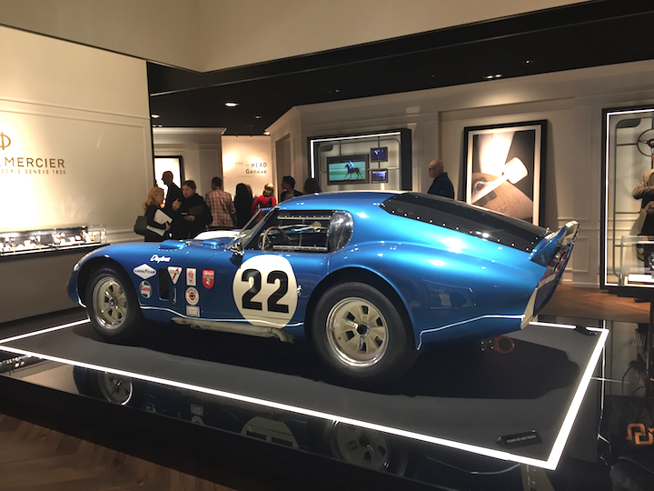 Baume & Mercier SIHH 2017 exhibition space, with the Daytona Coupe -- and Peter Brock, designer, of the famed car also was at the show.